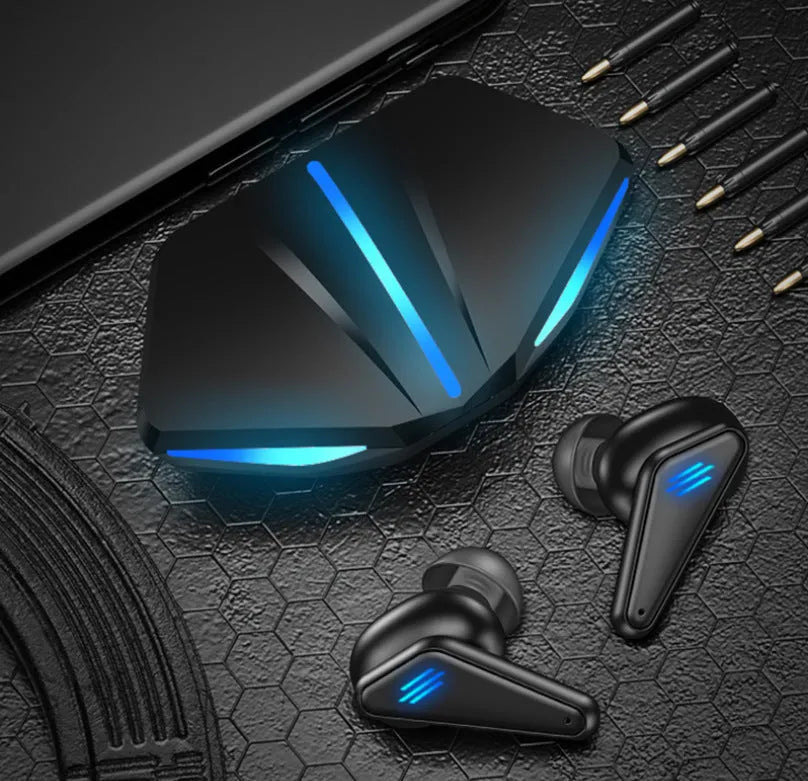 Blue K55 wireless Bluetooth gaming earbuds with TWS binaural design on a solid background.