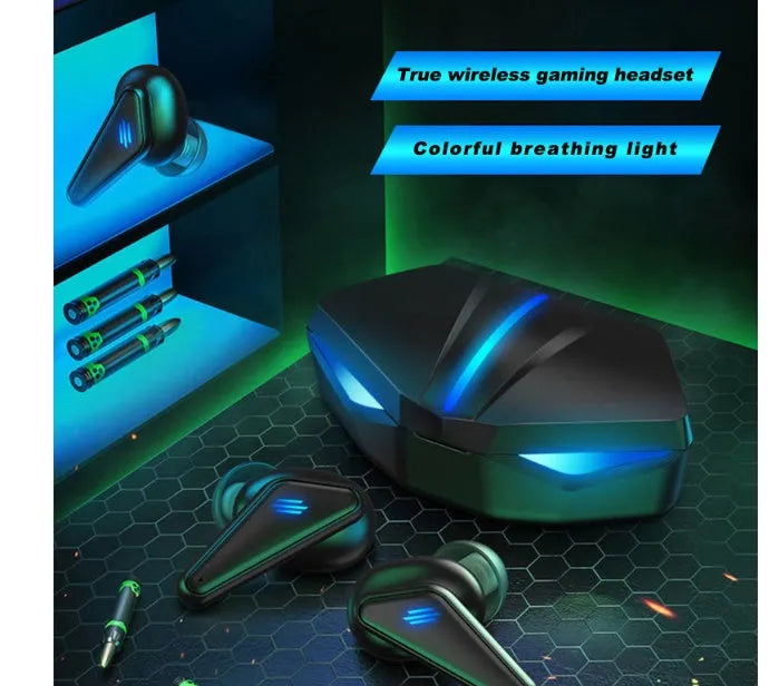 Blue K55 wireless Bluetooth gaming earbuds with TWS binaural design on a solid background.