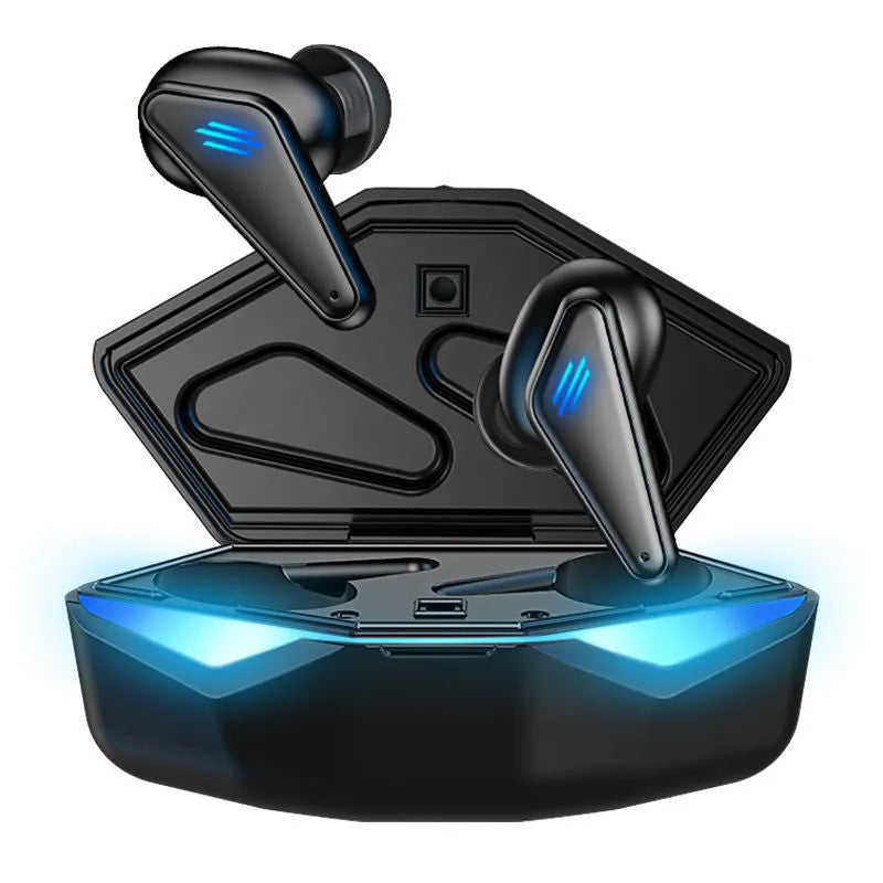 Blue K55 wireless Bluetooth gaming earbuds with TWS binaural design on a solid background.