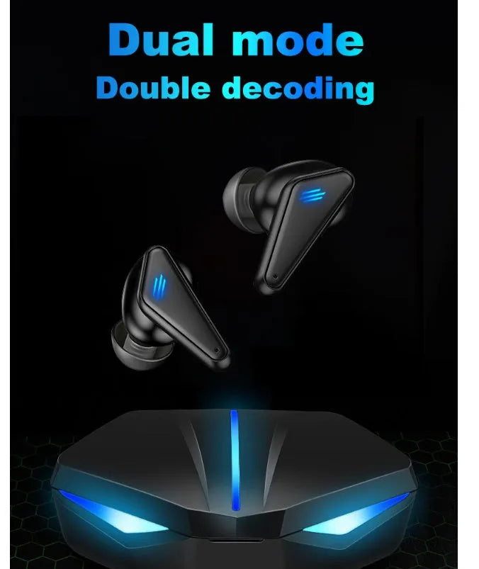 Blue K55 wireless Bluetooth gaming earbuds with TWS binaural design on a solid background.