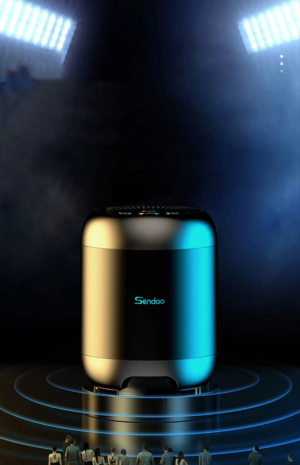 Small black or white portable Bluetooth speaker with card reader slot showing 90x73x73mm dimensions