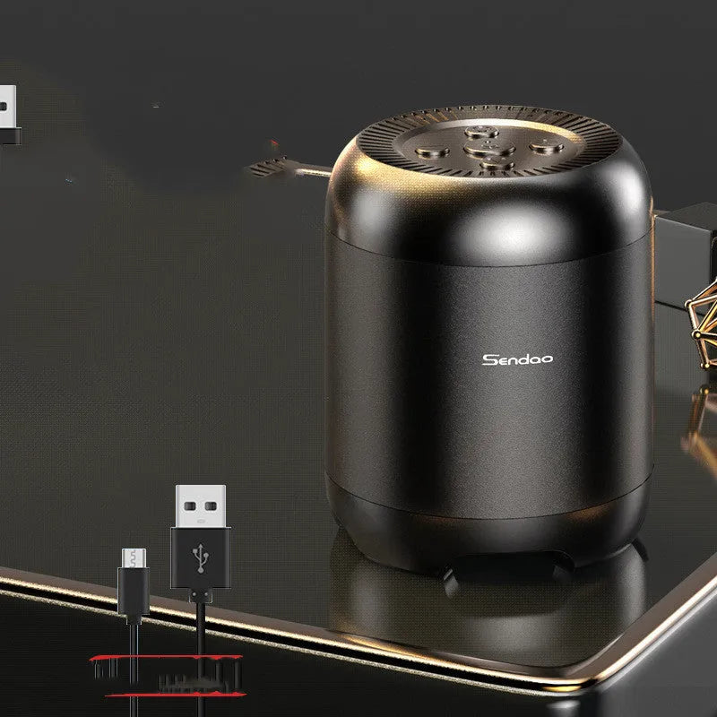 Small black or white portable Bluetooth speaker with card reader slot showing 90x73x73mm dimensions
