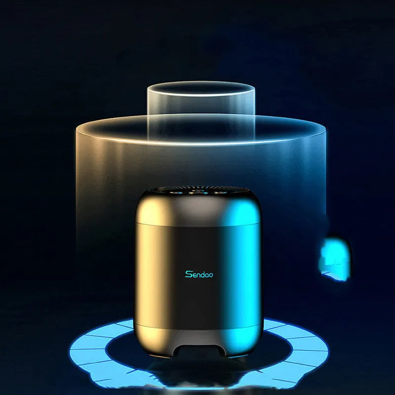 Small black or white portable Bluetooth speaker with card reader slot showing 90x73x73mm dimensions