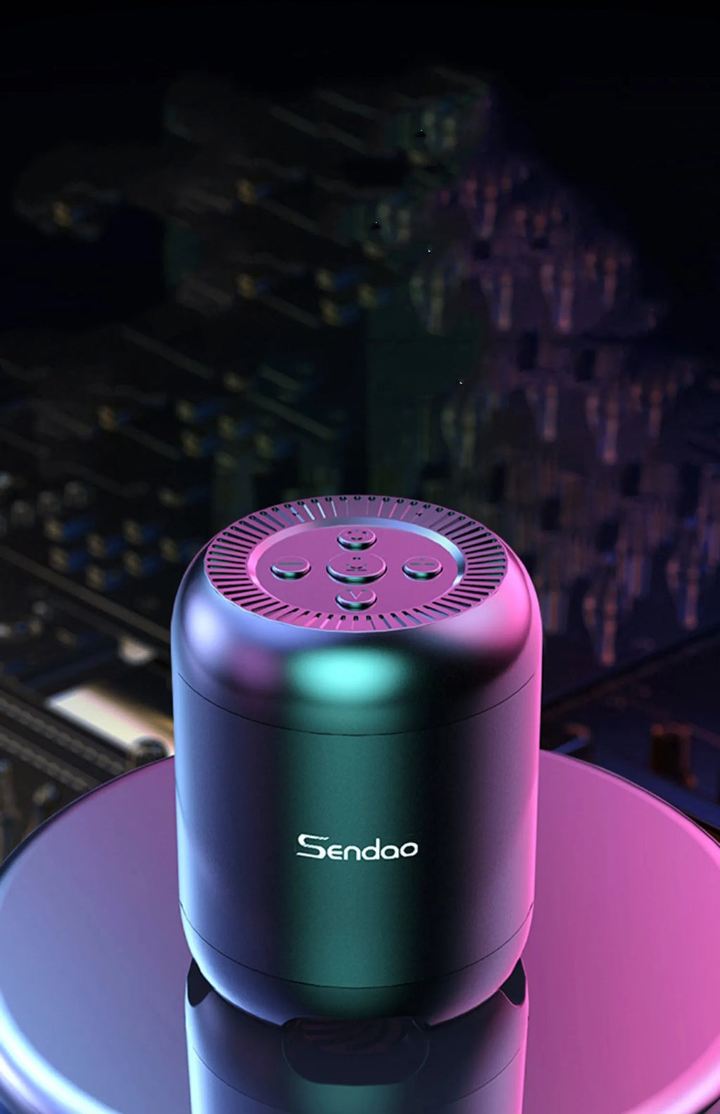 Small black or white portable Bluetooth speaker with card reader slot showing 90x73x73mm dimensions