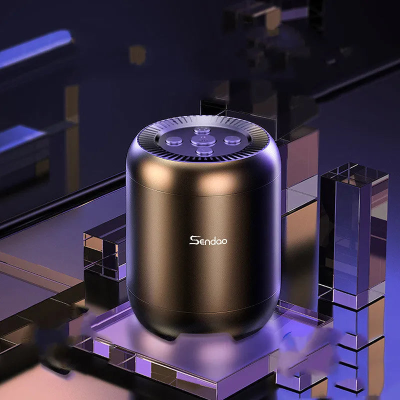Small black or white portable Bluetooth speaker with card reader slot showing 90x73x73mm dimensions