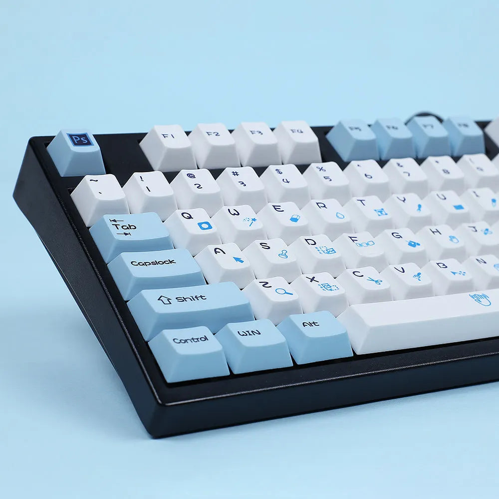 PS theme mechanical keyboard keycap set showing blue and white design with supplementary CMYK and RGBK keycaps