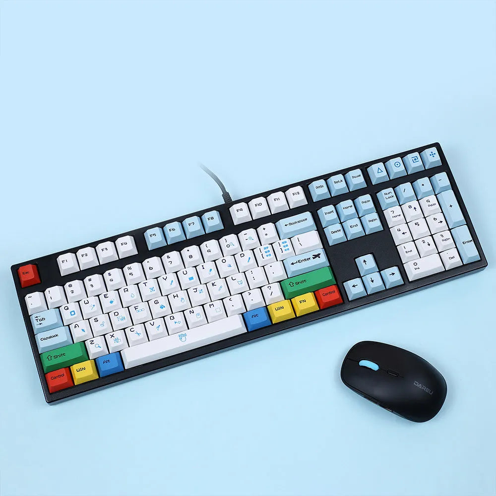 PS theme mechanical keyboard keycap set showing blue and white design with supplementary CMYK and RGBK keycaps