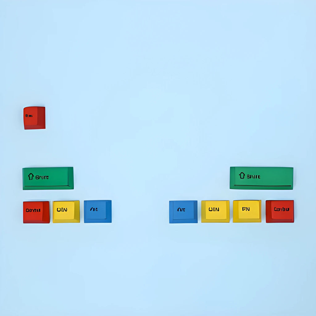PS theme mechanical keyboard keycap set showing blue and white design with supplementary CMYK and RGBK keycaps
