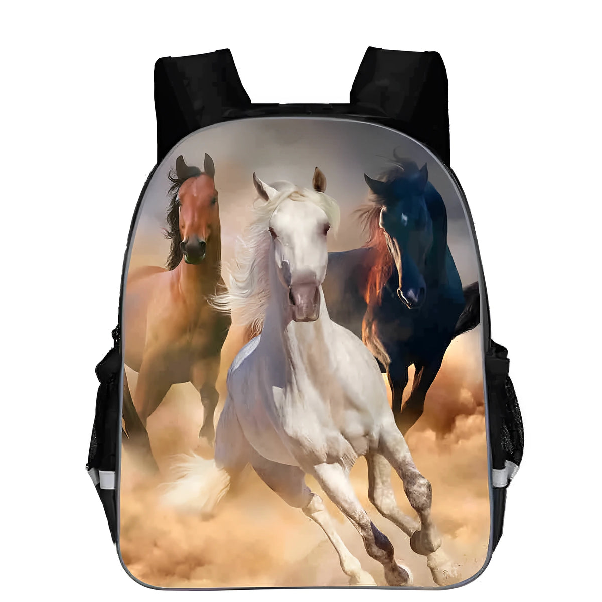 Horse animal head design school backpack with cartoon lightning print in multiple colours