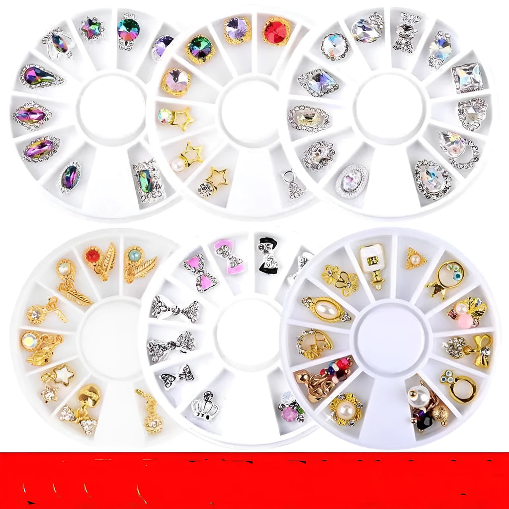 Wheel of 3D alloy nail charms with rhinestones in gold, transparent and colour, including bow, flower and perfume bottle shapes