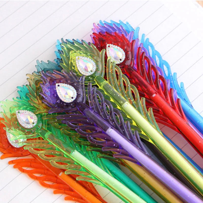 Set of 12 feather peacock colour gel pens with 0.5mm tip, displayed on white background