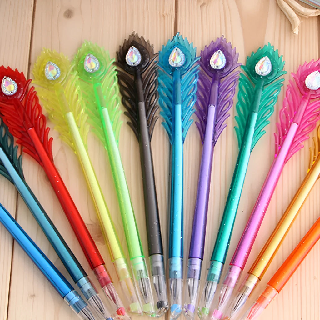Set of 12 feather peacock colour gel pens with 0.5mm tip, displayed on white background