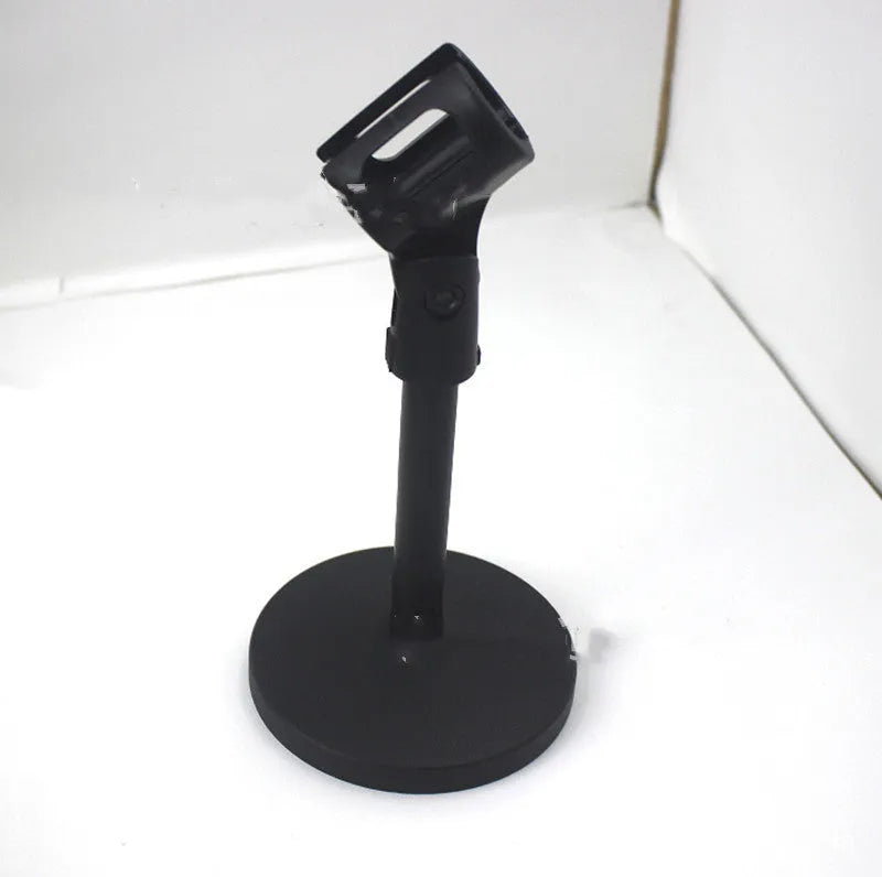 Black metal desktop microphone bracket with plastic clip, 22cm height and 10.5cm base diameter