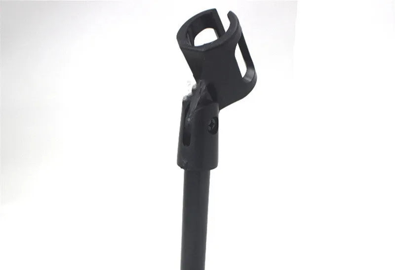 Black metal desktop microphone bracket with plastic clip, 22cm height and 10.5cm base diameter