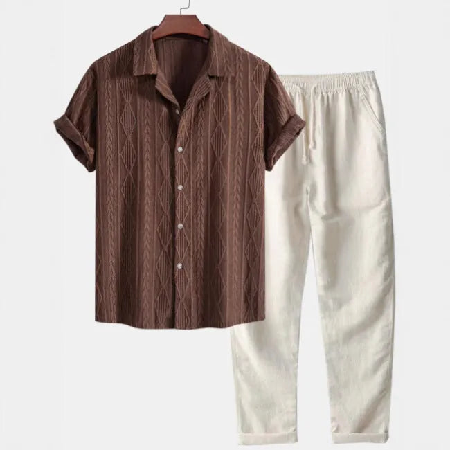 Men's slim fit camouflage print shirt and trousers casual suit with short sleeves