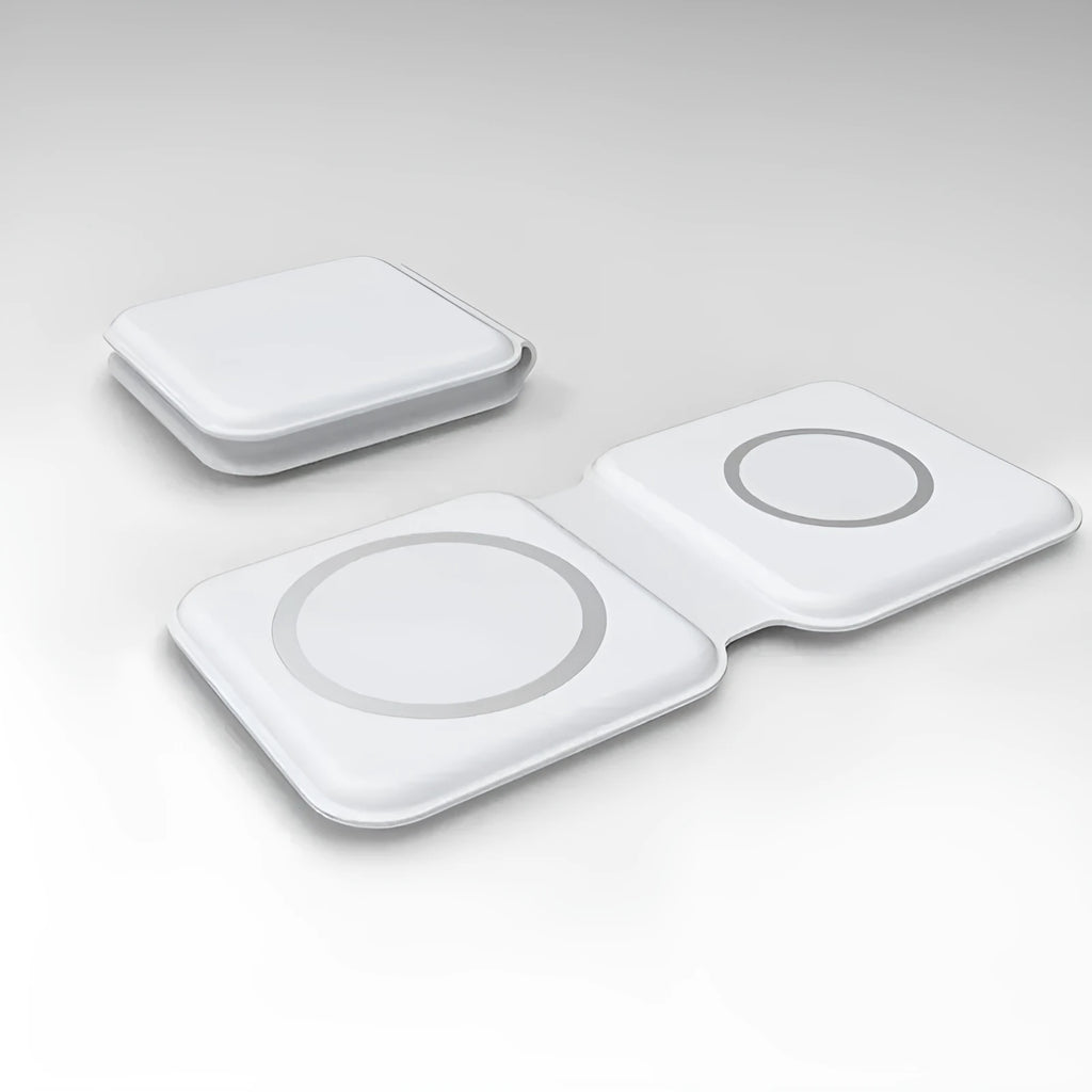 White foldable magnetic wireless charging dock showing dual charging pads and Type-C port