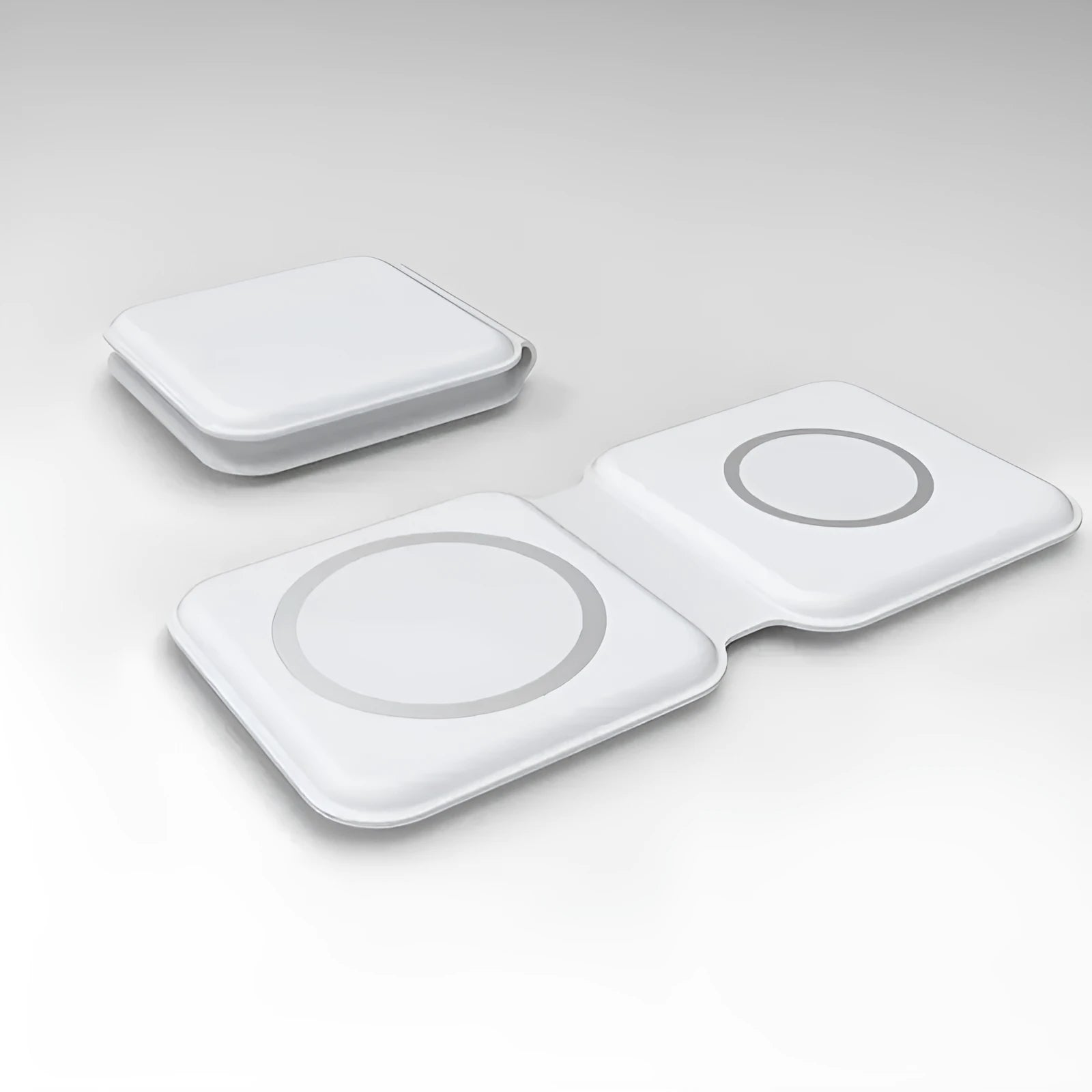 White foldable magnetic wireless charging dock showing dual charging pads and Type-C port