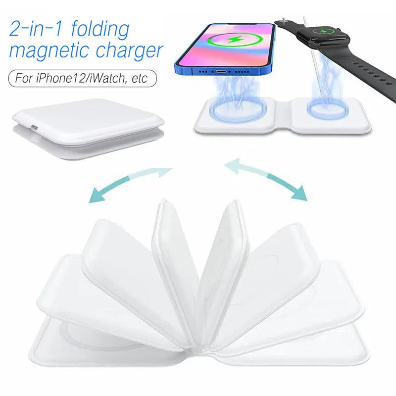 White foldable magnetic wireless charging dock showing dual charging pads and Type-C port