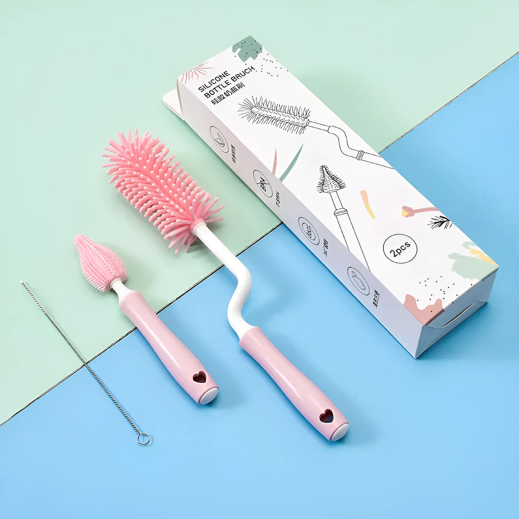 Silicone baby bottle brush set with flexible straw cleaner in pink, blue and yellow options