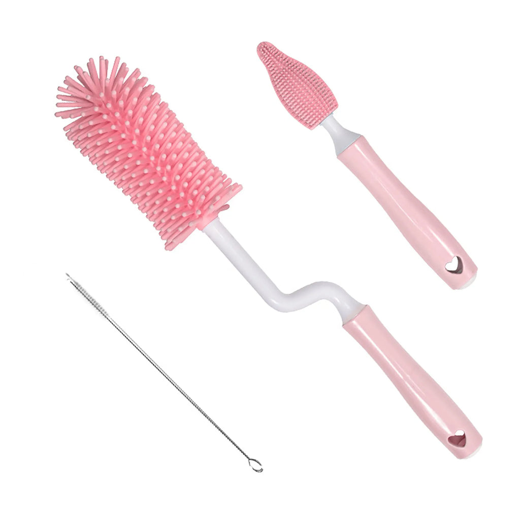 Silicone baby bottle brush set with flexible straw cleaner in pink, blue and yellow options