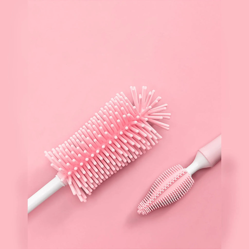Silicone baby bottle brush set with flexible straw cleaner in pink, blue and yellow options