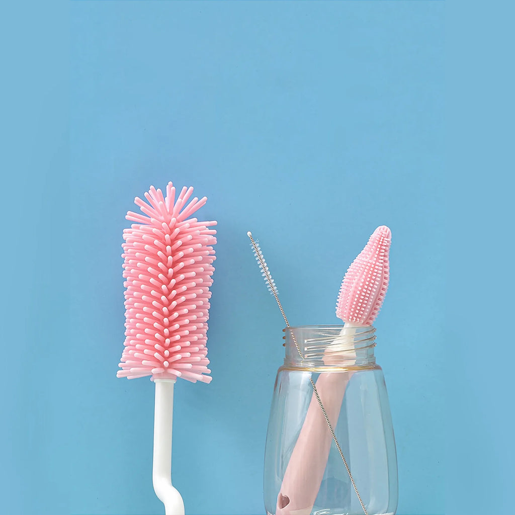 Silicone baby bottle brush set with flexible straw cleaner in pink, blue and yellow options