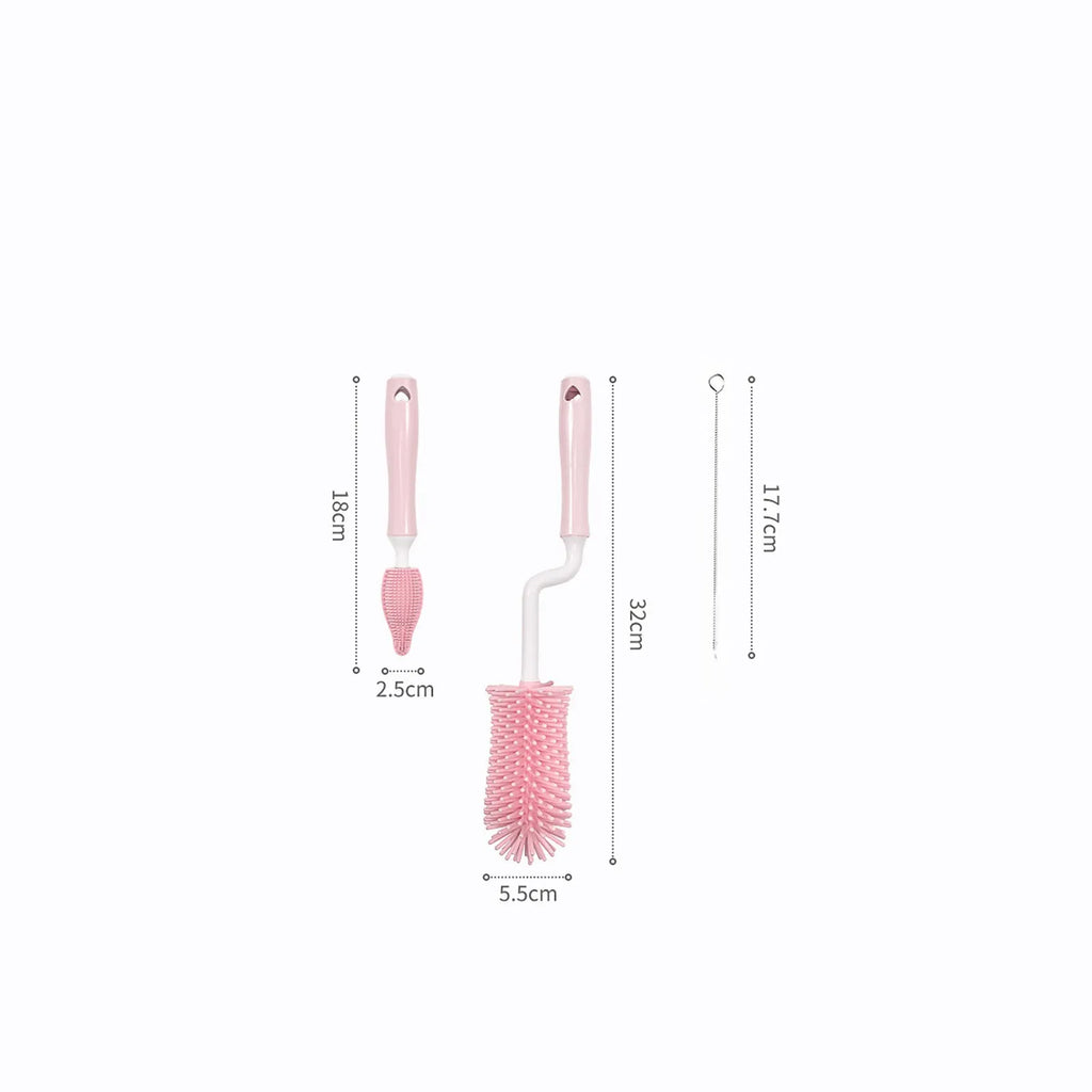 Silicone baby bottle brush set with flexible straw cleaner in pink, blue and yellow options