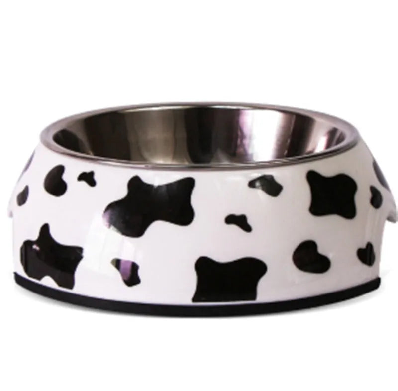 Melamine pet bowl with stainless steel inner bowl, available in small medium large sizes and six patterns