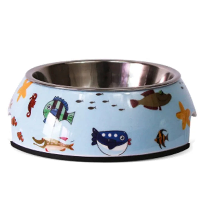 Melamine pet bowl with stainless steel inner bowl, available in small medium large sizes and six patterns