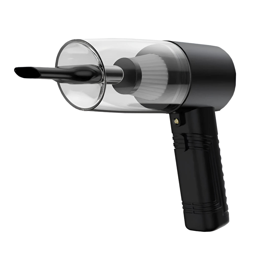 Starry Sky Black and Pearl White car vacuum cleaner with motor and five suction head accessories.