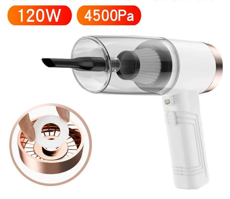 Starry Sky Black and Pearl White car vacuum cleaner with motor and five suction head accessories.