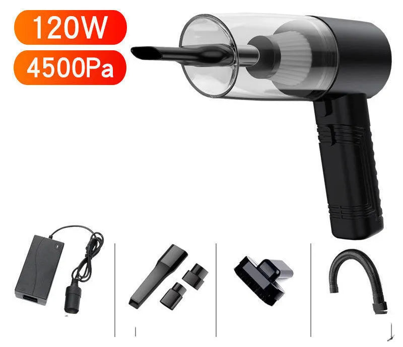 Starry Sky Black and Pearl White car vacuum cleaner with motor and five suction head accessories.