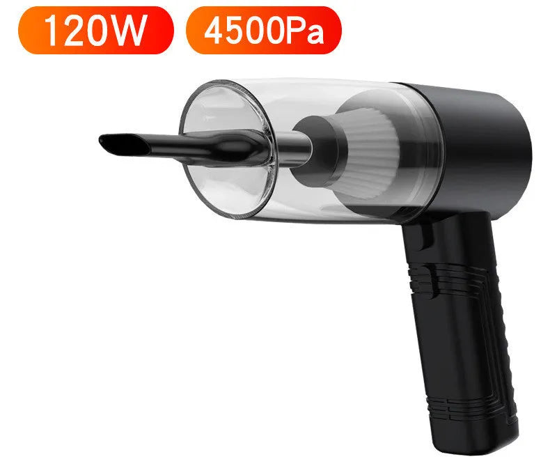 Starry Sky Black and Pearl White car vacuum cleaner with motor and five suction head accessories.