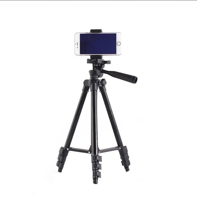 Black aluminium alloy portable tripod extended to maximum height with 3D head