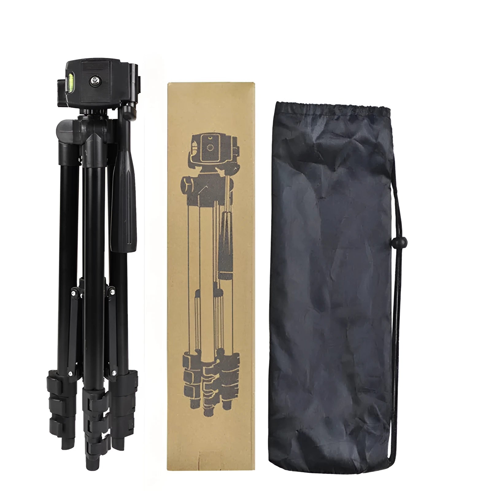 Black aluminium alloy portable tripod extended to maximum height with 3D head
