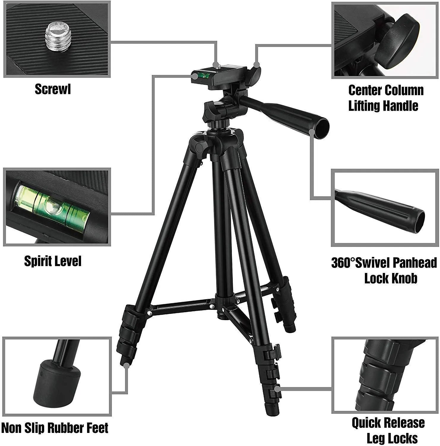 Black aluminium alloy portable tripod extended to maximum height with 3D head