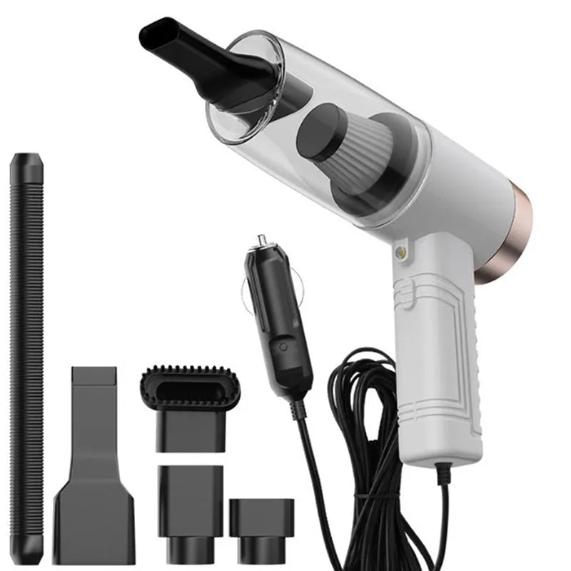 Starry Sky Black and Pearl White car vacuum cleaner with motor and five suction head accessories.