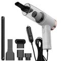 Starry Sky Black and Pearl White car vacuum cleaner with motor and five suction head accessories.