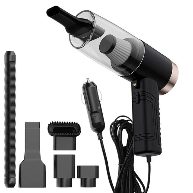 Starry Sky Black and Pearl White car vacuum cleaner with motor and five suction head accessories.