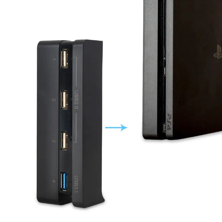 Black PS4 Slim USB hub extender with multiple ports for PlayStation 4 console connectivity
