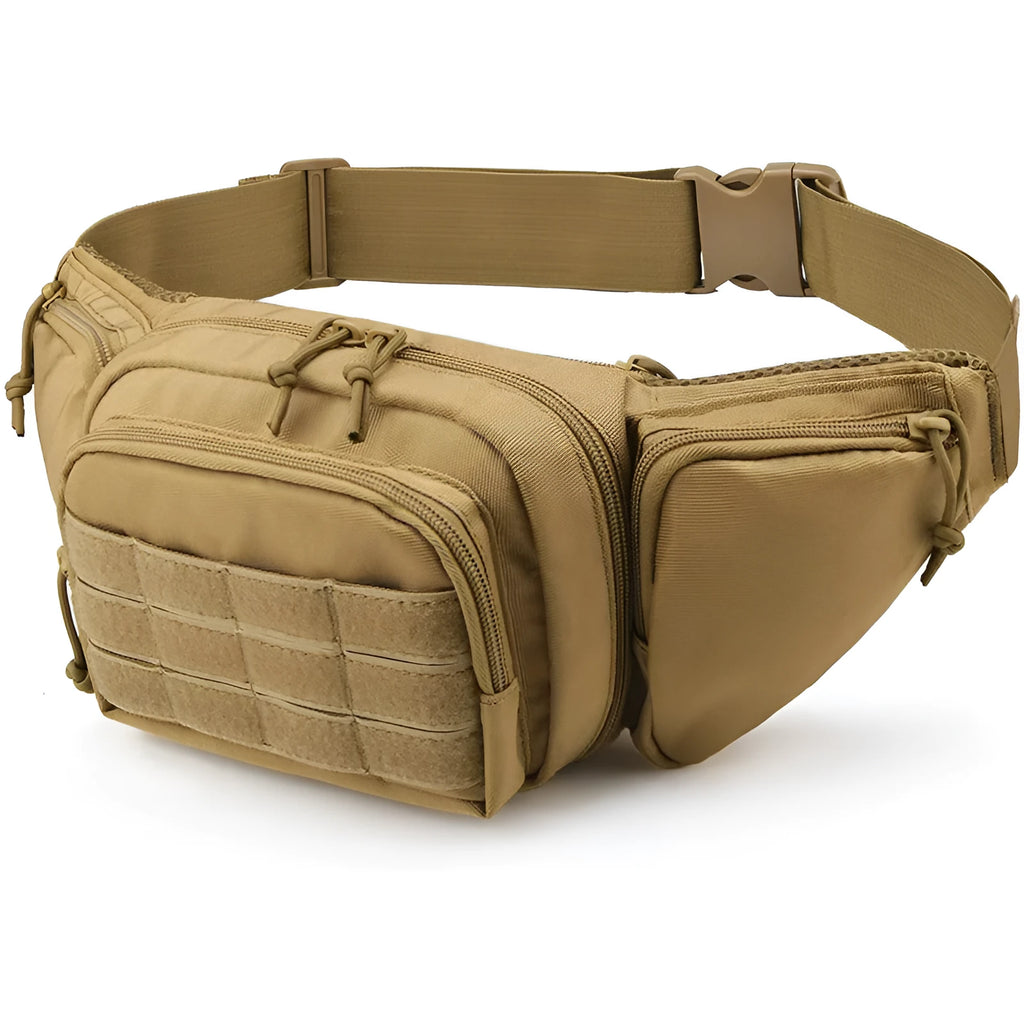 Tactical multifunctional waist bag in black or khaki colour shown worn on waist