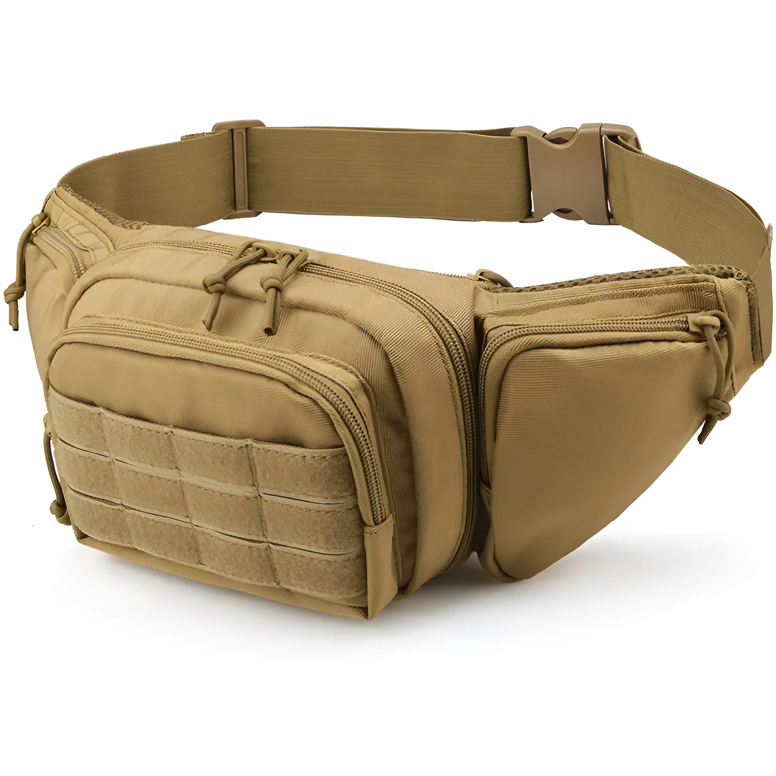 Tactical multifunctional waist bag in black or khaki colour shown worn on waist