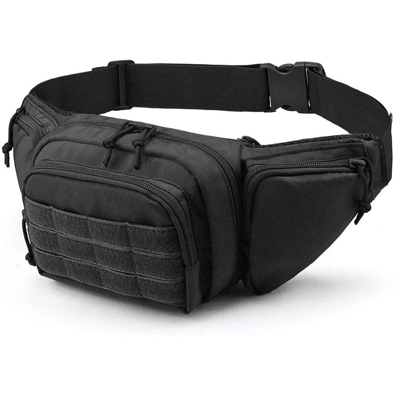 Tactical multifunctional waist bag in black or khaki colour shown worn on waist