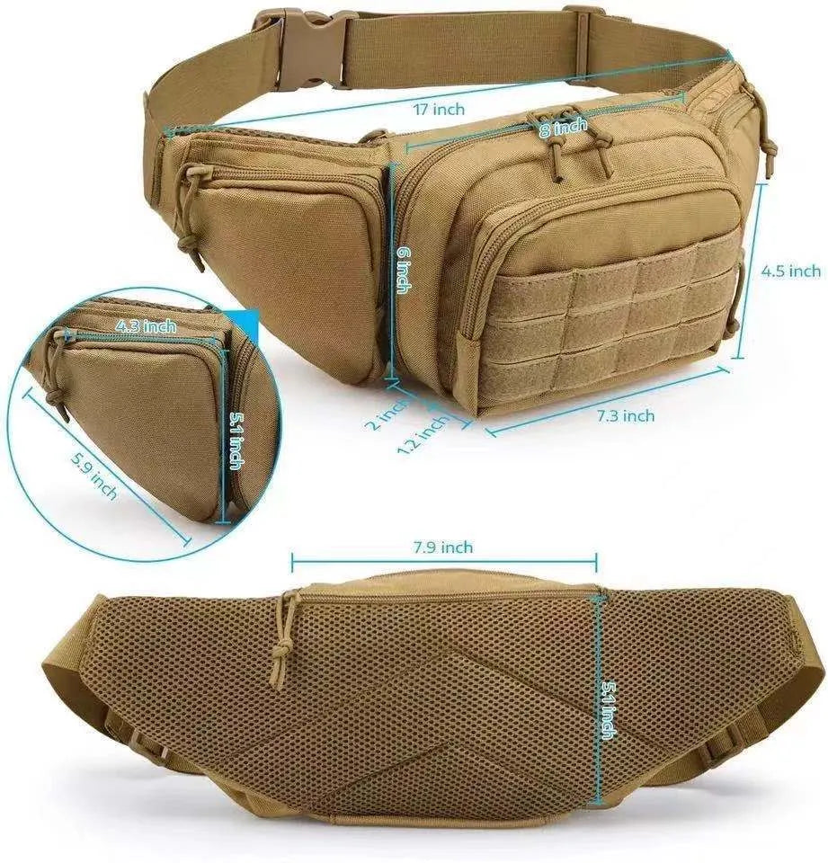 Tactical multifunctional waist bag in black or khaki colour shown worn on waist