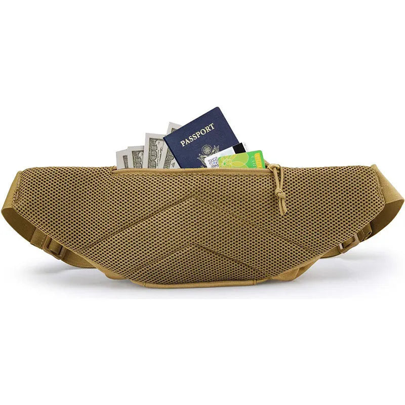 Tactical multifunctional waist bag in black or khaki colour shown worn on waist
