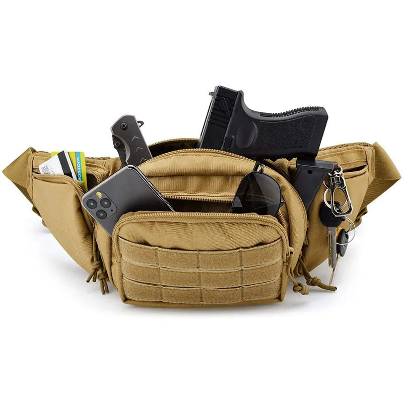 Tactical multifunctional waist bag in black or khaki colour shown worn on waist