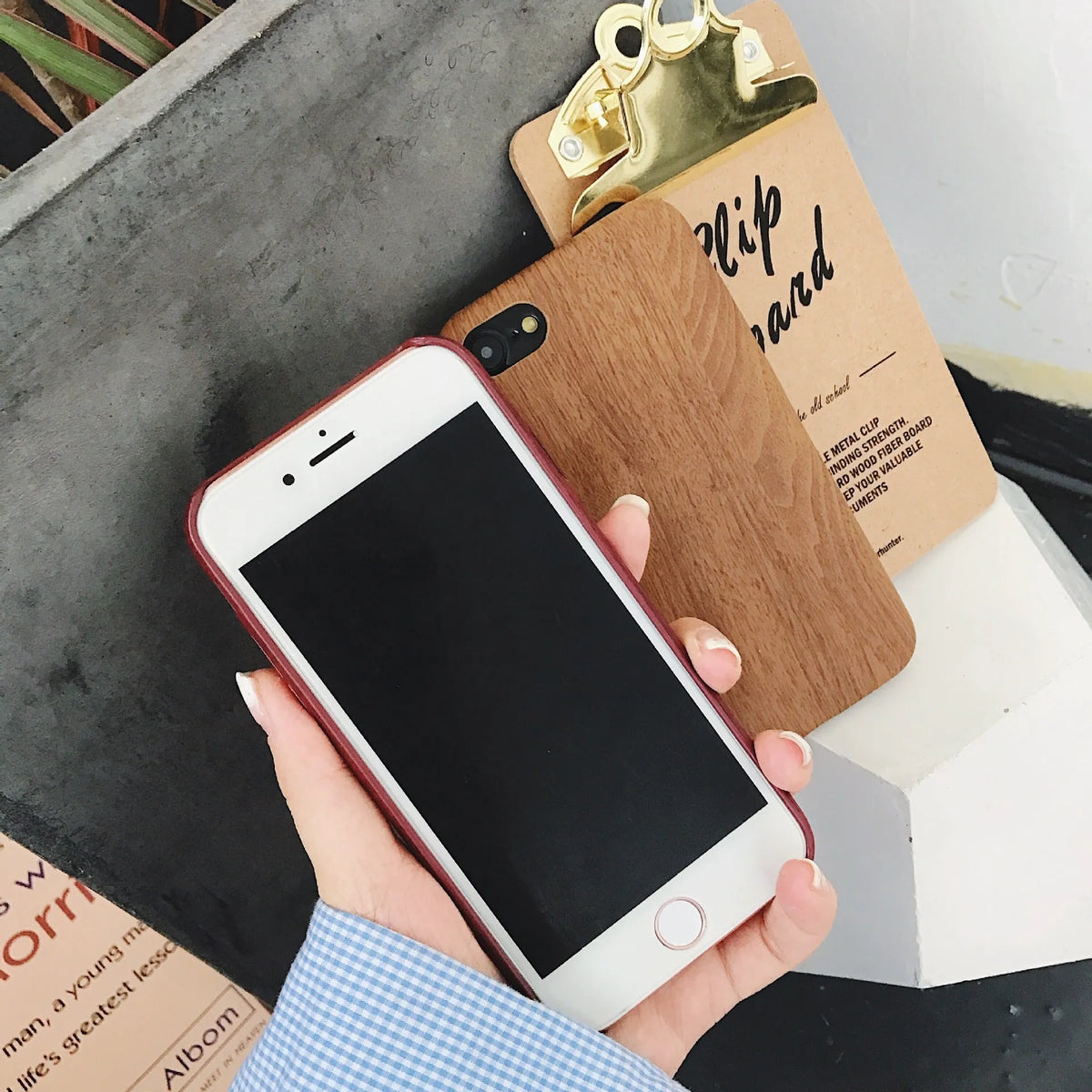 Ultra-thin wood-grain PU leather phone case for iPhone, dark brown, with flexible PC and nonwoven layers
