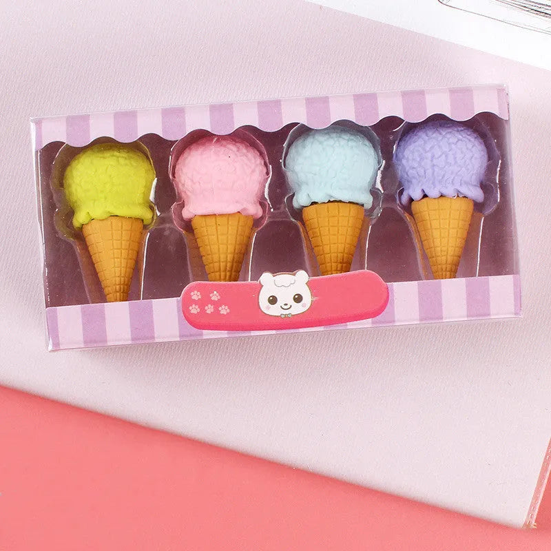 Children's cartoon eraser gift set with ice cream, doughnut, and lollipop designs for kindergarten students