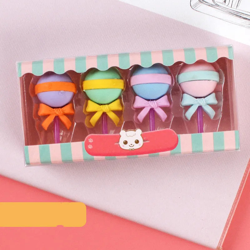 Children's cartoon eraser gift set with ice cream, doughnut, and lollipop designs for kindergarten students