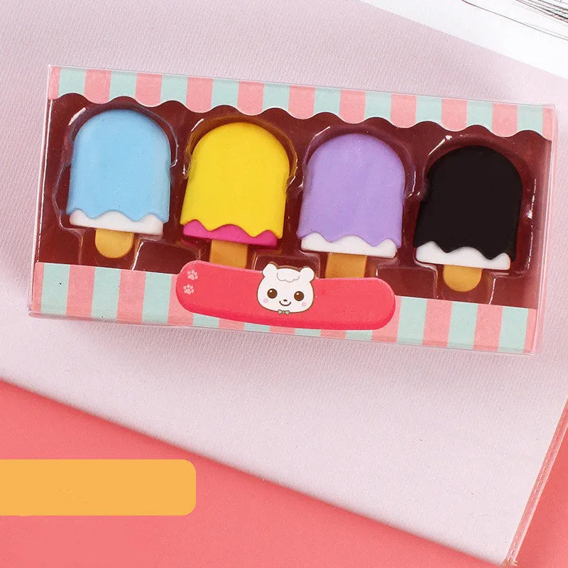 Children's cartoon eraser gift set with ice cream, doughnut, and lollipop designs for kindergarten students